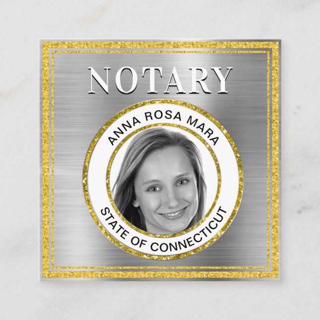 *~* NOTARY PHOTO METAL SILVER Signing Agent Square Business Card (Front)