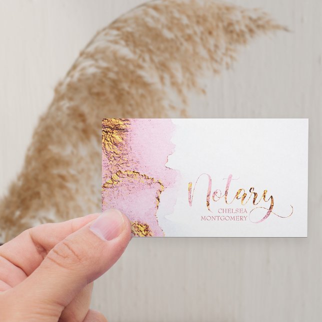 Notary Pink Watercolor and Gold Calligraphy Business Card (Horizontal Business Card for Notary in pink and gold)