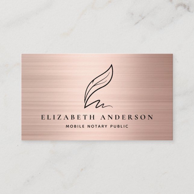 Notary Public Agent Quill Rose Gold Brushed Metal Business Card (Front)