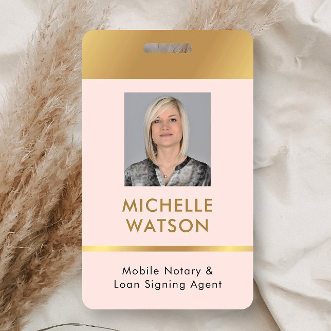Notary Public Attorney Pink & Gold Staff Photo ID Badge (Professional employee photo ID badge in blush pink and gold)