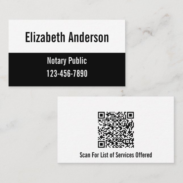 Notary Public Black and White QR Code Business Card (Front/Back)