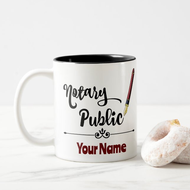 Notary Public Burgundy Ink Pen Customised Name Two-Tone Coffee Mug (With Donut)
