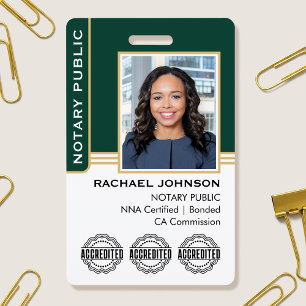 Notary Public Custom Photo Logo ID Green Gold ID Badge