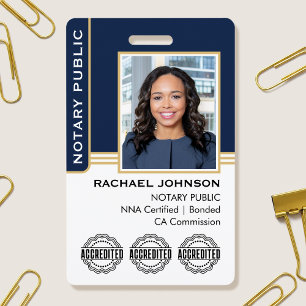Notary Public Custom Photo Logo ID Navy Gold ID Badge
