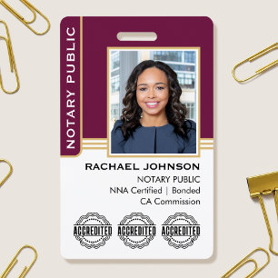 Notary Public Custom Photo Logo ID Plum Gold ID Badge