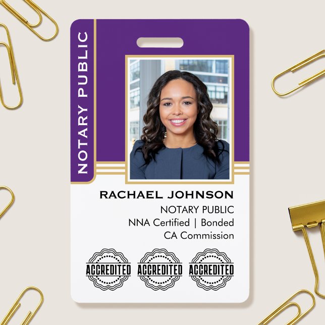 Notary Public Custom Photo Logo ID Purple Gold ID Badge (Creator Uploaded)