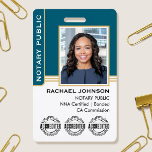 Notary Public Custom Photo Logo ID Teal Gold Badge