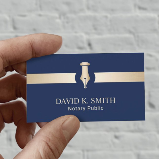 Notary Public Golden Pen Elegant Navy Blue Business Card (Creator Uploaded)