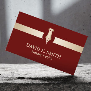 Notary Public Golden Pen Elegant Red Business Card