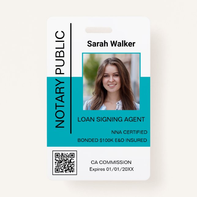 Notary Public ID photo office worker turquoise ID Badge (Front)