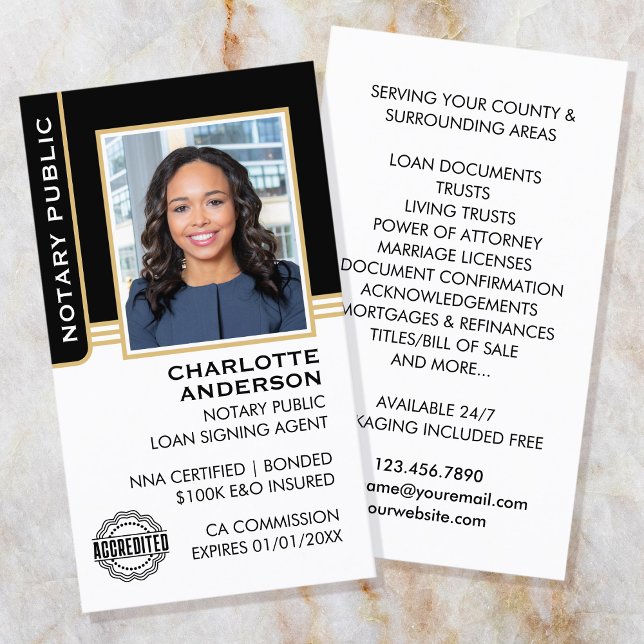 Notary Public Loan Signing Agent ID Black Gold Business Card (Creator Uploaded)
