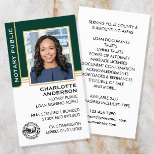 Notary Public Loan Signing Agent ID Green Gold Business Card