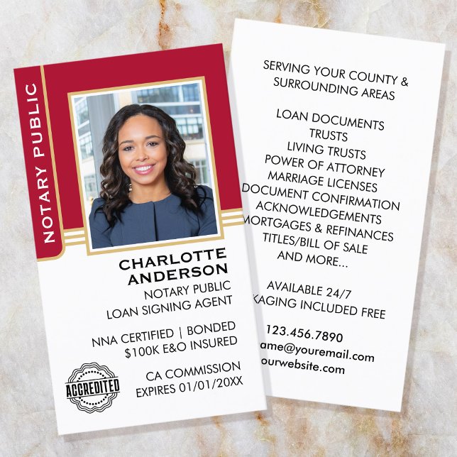 Notary Public Loan Signing Agent ID Red Gold Business Card (Creator Uploaded)