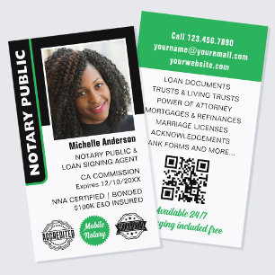 Notary Public Loan Signing Agent Photo ID Green Business Card