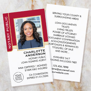 Notary Public Loan Signing Agent Photo Red Gold Business Card