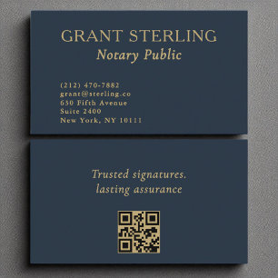 Notary Public Minimalist Navy Blue Gold QR Code  Business Card