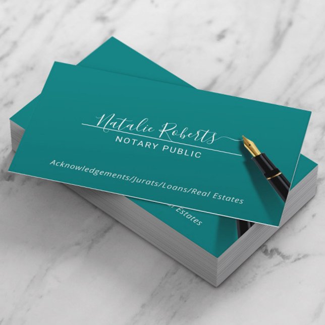 Notary Public Minimalist Script Elegant Teal Business Card (Creator Uploaded)