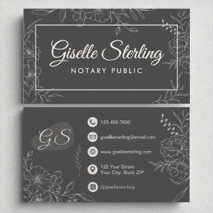 Notary Public Moody Charcoal Grey Floral Script Business Card