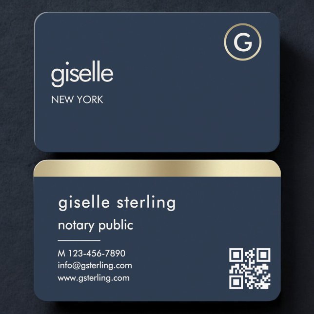 Notary Public Navy Blue Gold QR Code Business Card (Creator Uploaded)