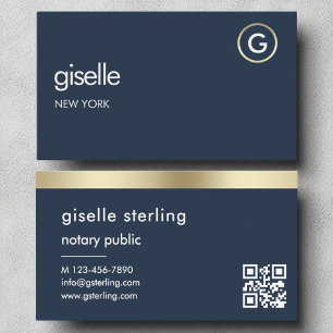 Notary Public Navy Blue QR Code Gold Monogram Business Card