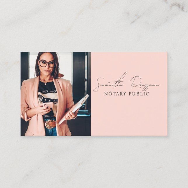 Notary Public Peach Pink Photo Script Signature Business Card (Front)