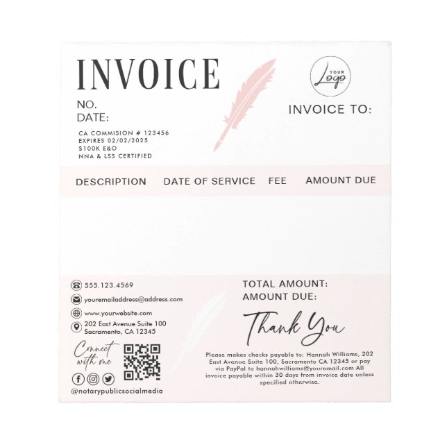 Notary Public Personalised Invoice Notepad (Front)
