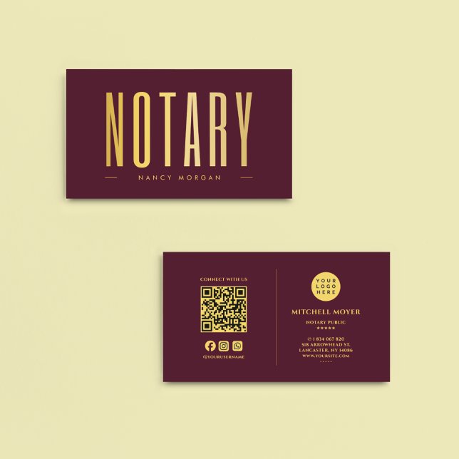Notary Public Signing Agent Logo Burgundy & Gold Business Card (Creator Uploaded)