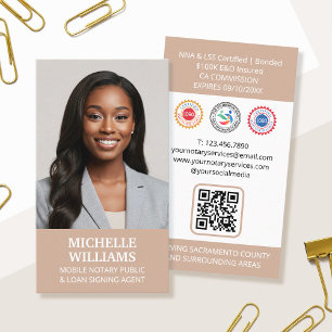 Notary Public Signing Agent Photo QR Code Beige Business Card