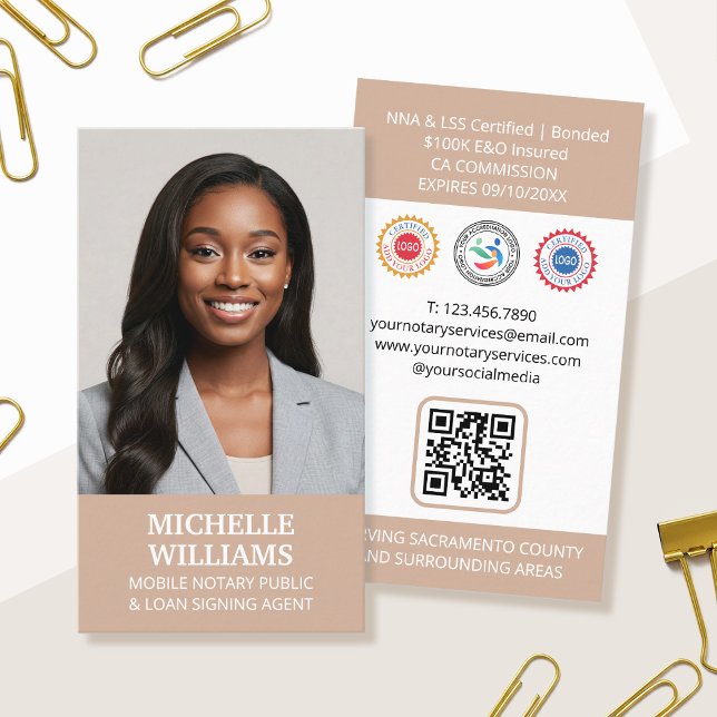 Notary Public Signing Agent Photo QR Code Beige Business Card (Creator Uploaded)