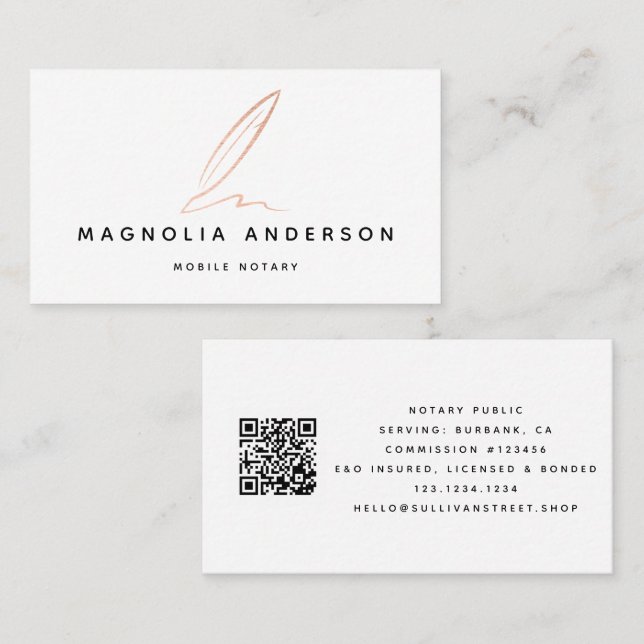 Notary Public Signing Agent Rose Gold Foil QR Code Business Card (Front/Back)