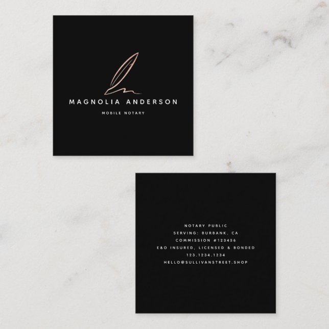 Notary Public Signing Agent Rose Gold Foil Quill B Square Business Card (Front/Back)