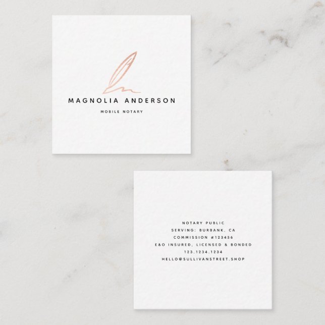 Notary Public Signing Agent Rose Gold Foil Quill B Square Business Card (Front/Back)