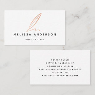 Notary Public Signing Agent Rose Gold Foil Quill  Business Card