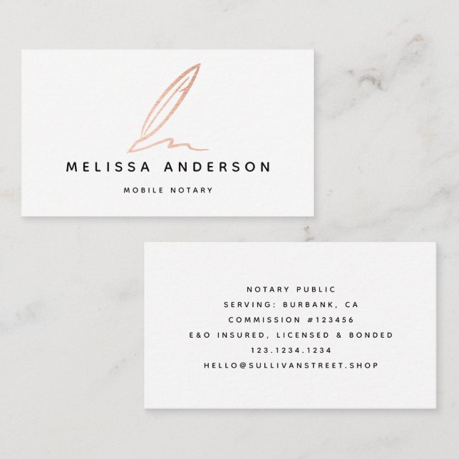 Notary Public Signing Agent Rose Gold Foil Quill  Business Card (Front/Back)