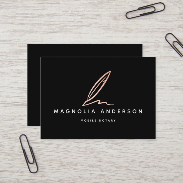Notary Public Signing Agent Rose Gold Foil Quill  Business Card (Front/Back In Situ)