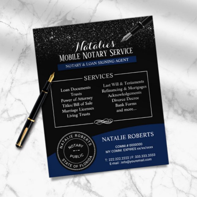 Notary Public Stamp Modern Navy Blue Black Glitter Flyer (Creator Uploaded)