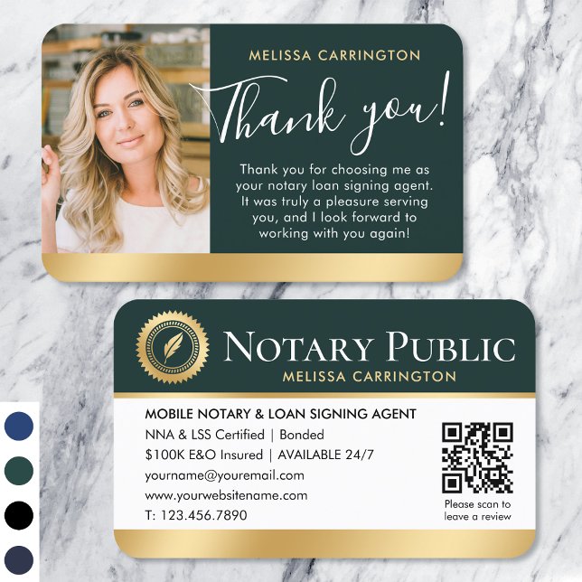 Notary Public Thank You Photo QR Code Green Gold Business Card (Creator Uploaded)