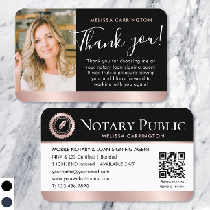 Notary Public Thank You Photo QR Rose Gold Black Business Card