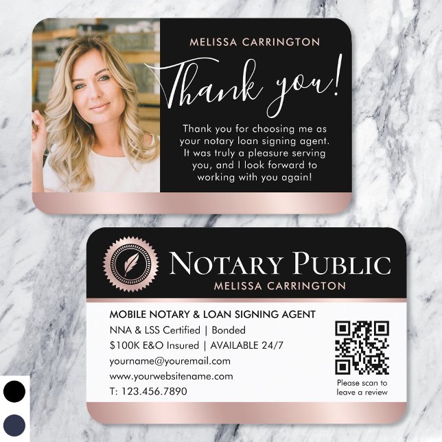 Notary Public Thank You Photo QR Rose Gold Black Business Card (Creator Uploaded)