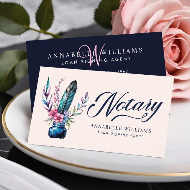 Notary Public Watercolor Quill Feather Monogram Business Card (Creator Uploaded)