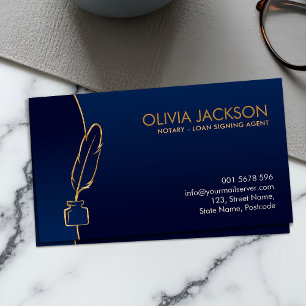 Notary quill pen ink blue and gold business card