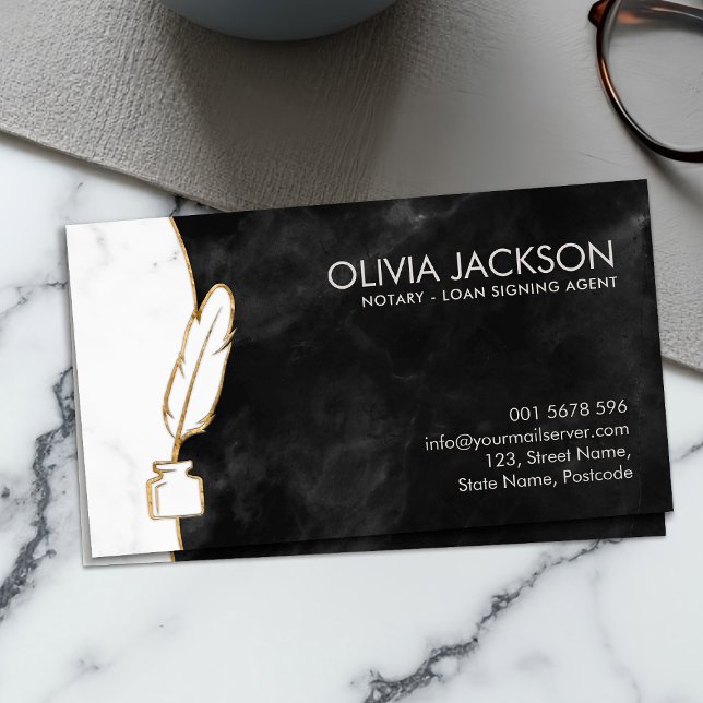 Notary quill pen ink marble and gold business card (Creator Uploaded)