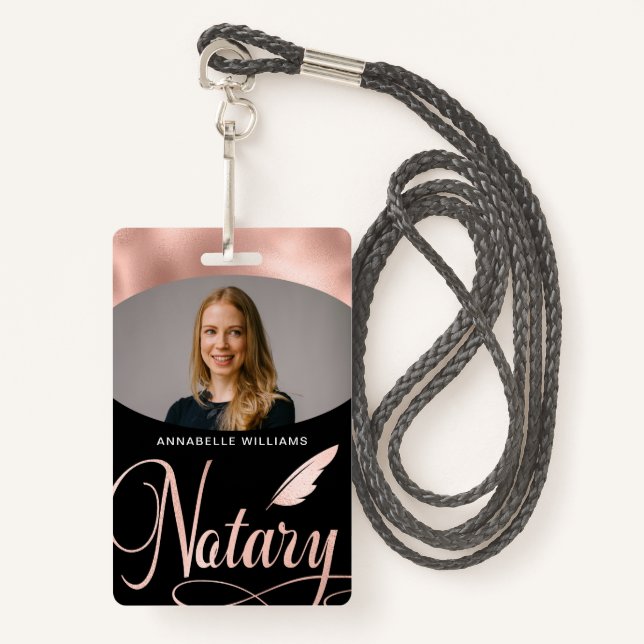 Notary Rose Gold Typography Photo ID Badge (Front with Lanyard)