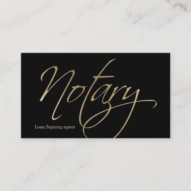 Notary script faux gold typography chic black business card (Front)