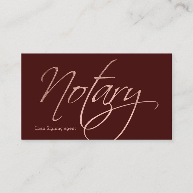 Notary script faux rose gold typography burgundy business card (Front)
