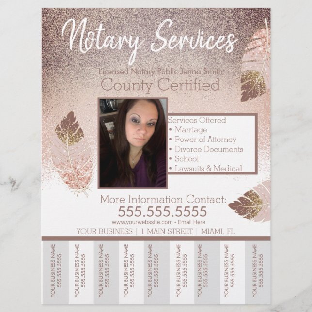Notary Services Pink Brown Glitter Tear Off Photo  Flyer (Front)