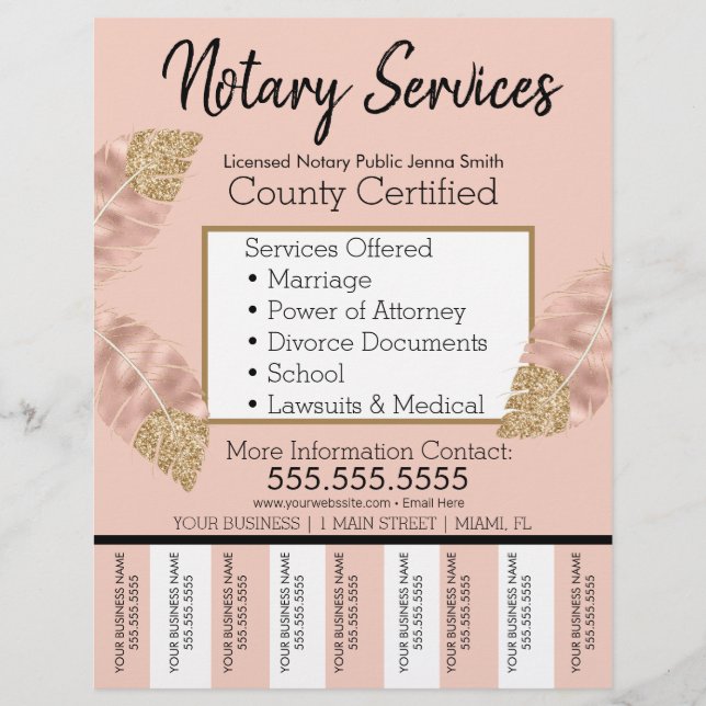 Notary Services Pink Gold Business Tear Off Pink Flyer (Front)