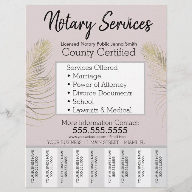 Notary Services Pink Gold Business Tear Off Strips Flyer (Front)