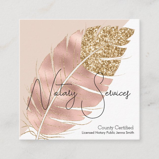 Notary Services Pink Gold Glitter Chic Square Business Card (Front)