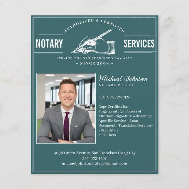 Notary Services Vintage Professional Teal Custom Flyer (Front)